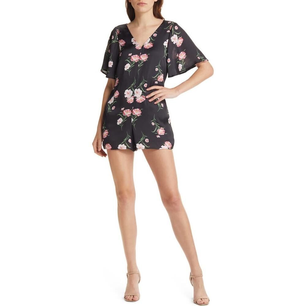 Chelsea28 Romper Women's Medium Black Pink Floral Satin V-Neck Flounce Sleeves